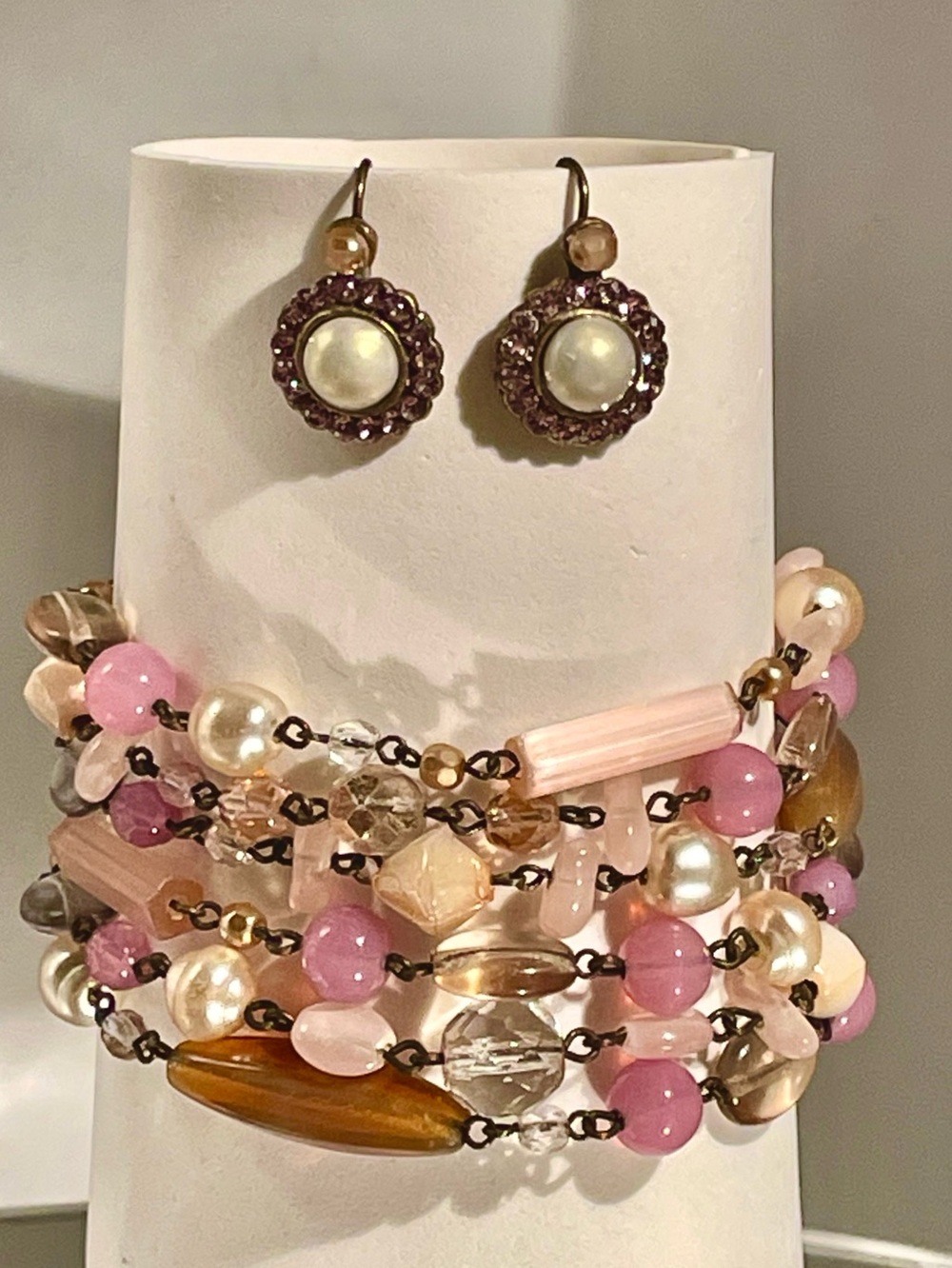 Poggi Paris Vintage Beaded Pink, Baroque Pearl Bronze Bracelet & Earring Signed